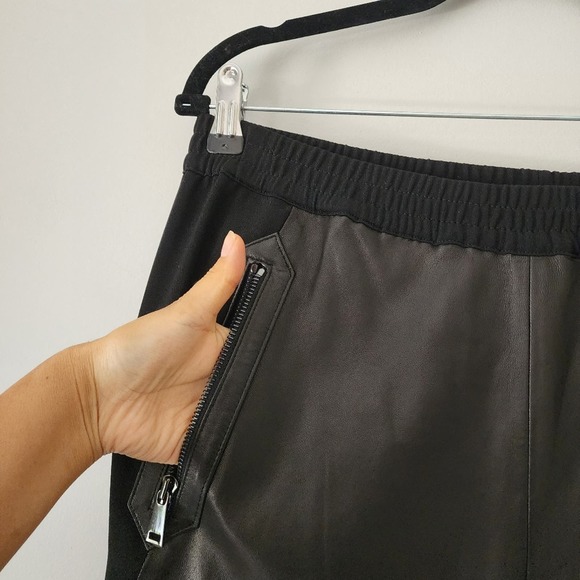 VINCE Black Genuine Leather Crepe Mixed Media Jogger Pants Size Large - Picture 6 of 14